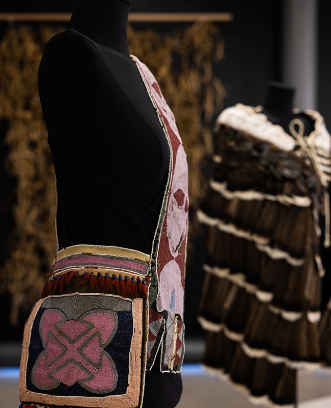 Delaware Bandolier Bag, 1850. Private Collection. Cloth, wool, natural dyes, glass beads, thread. 23 Inches W x 29 Inches H. Photo Gregg Richards.